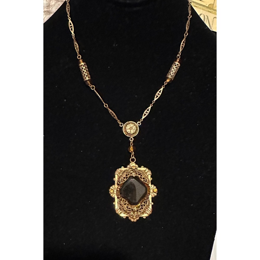 Art Deco Necklace Faceted Amber Crystal Gilt Filigree Brass